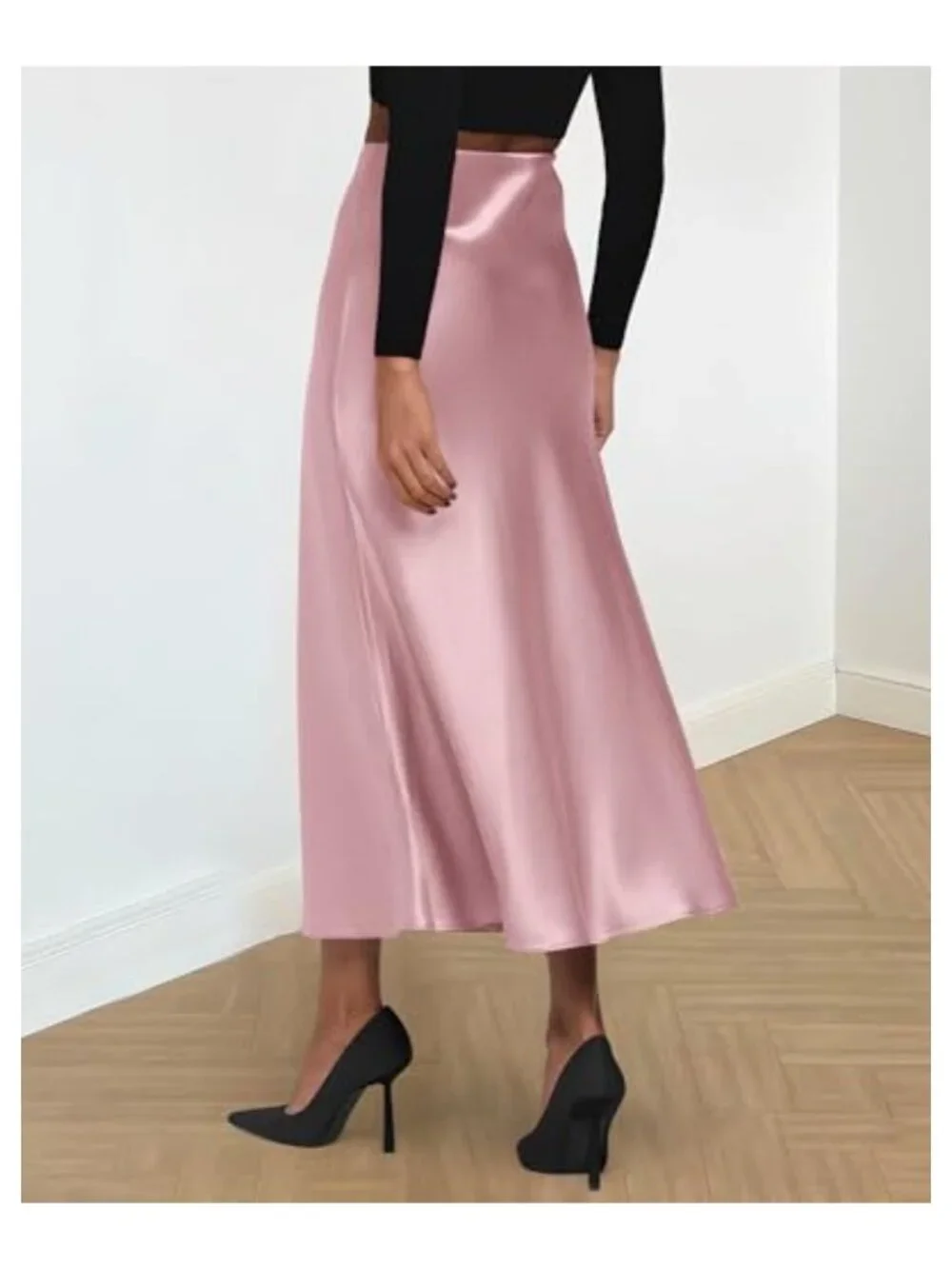 Flowy Satin Midi Skirt High Waist A-Line Women's Business Casual